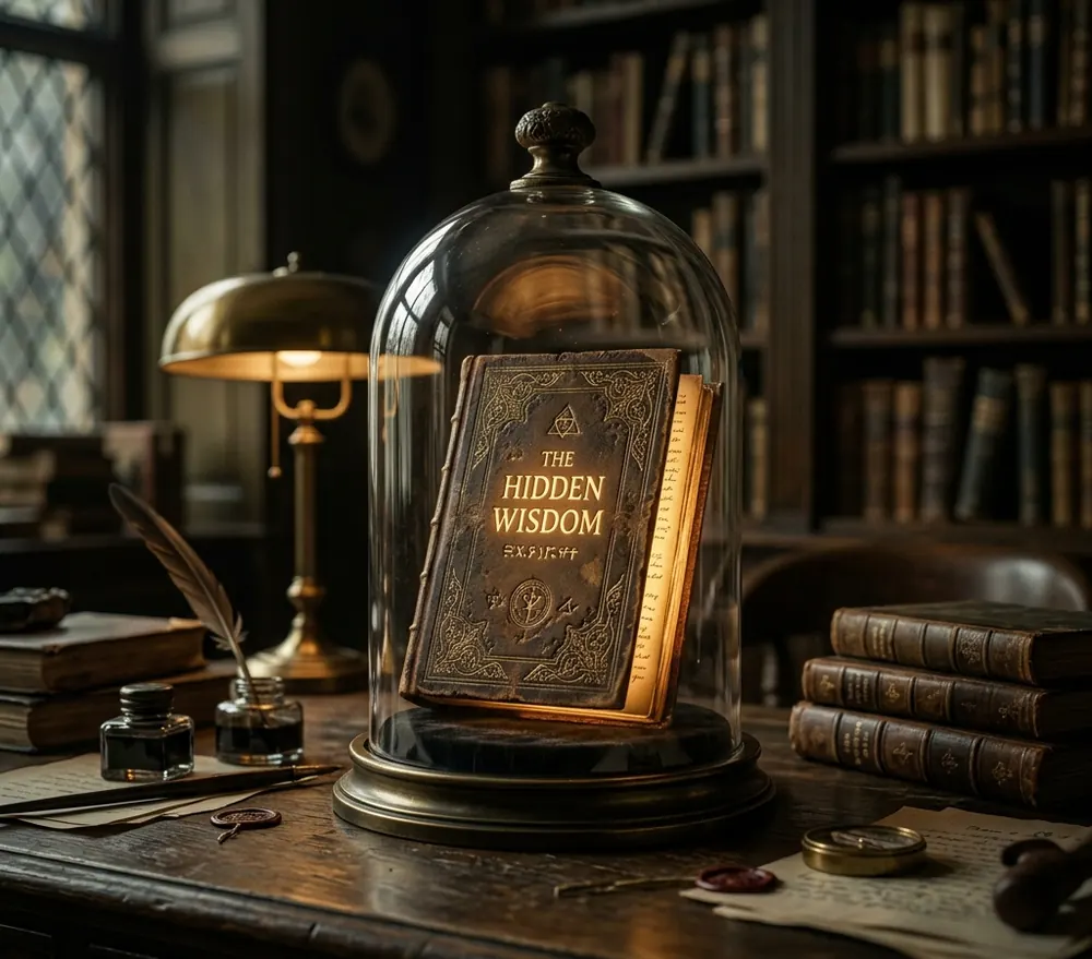 A glowing book sealed under a glass cloche